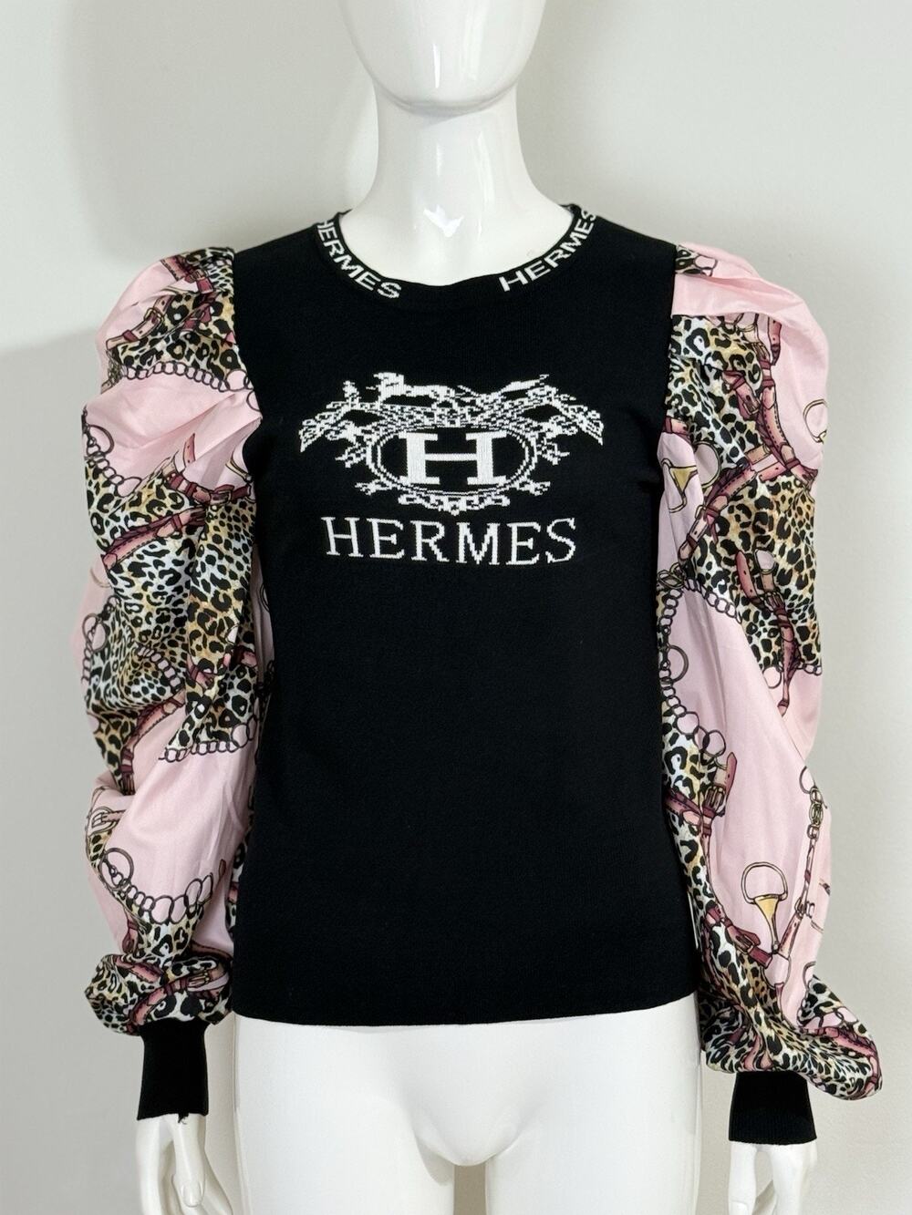 Womens Puff Long Sleeve Knit Top Black Pink Leopard Chain Print Sweater Size S/M